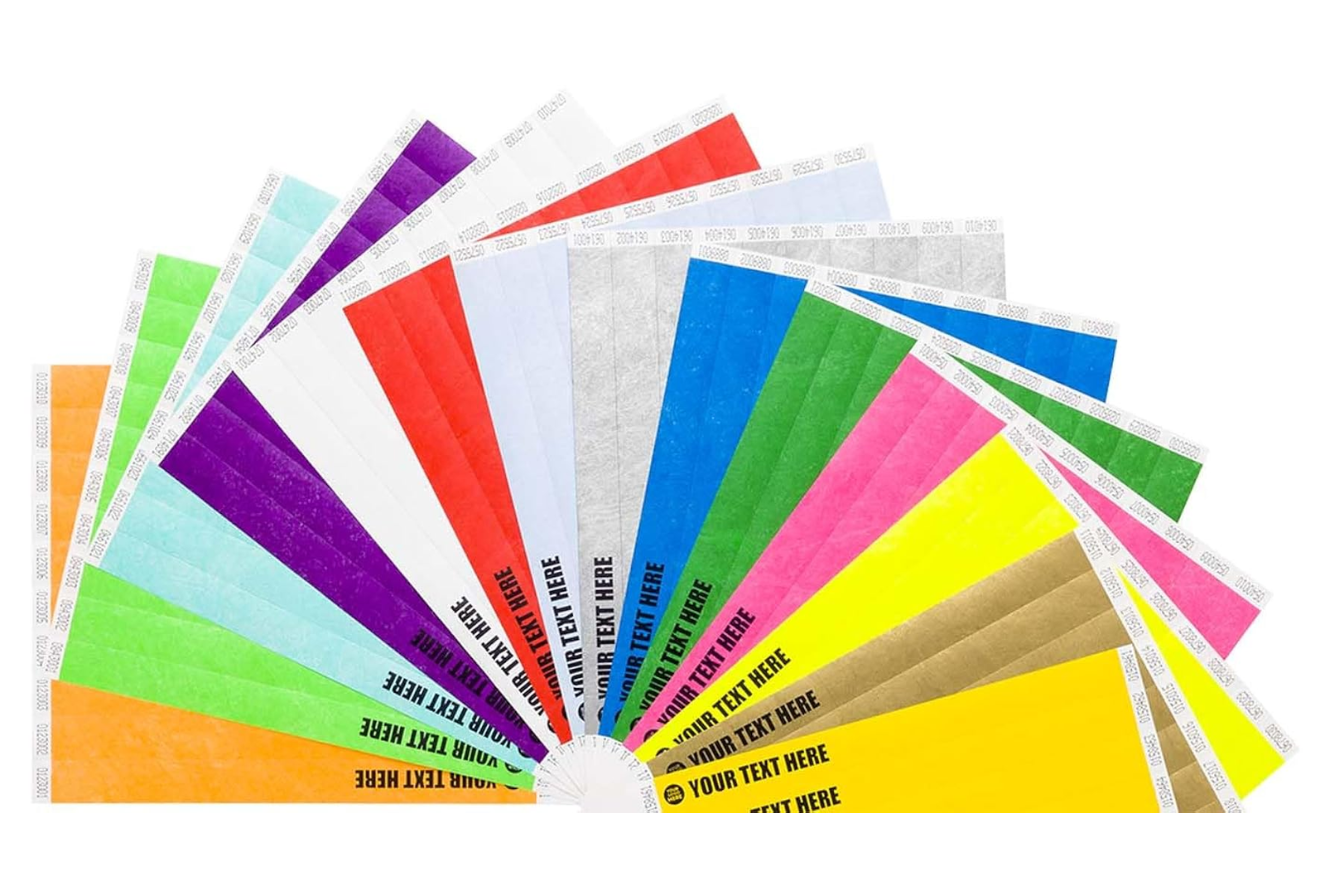 Branded customized wrist bands for events, fundraisers, hospitals, and corporate promotions – available in silicone, Tyvek, fabric, and vinyl