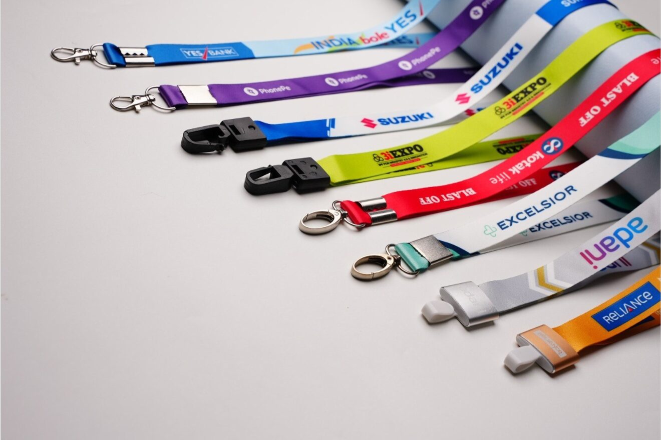 Custom printed lanyards with vibrant colors, personalized logo branding, adjustable clips, and bulk order options for events and corporate use