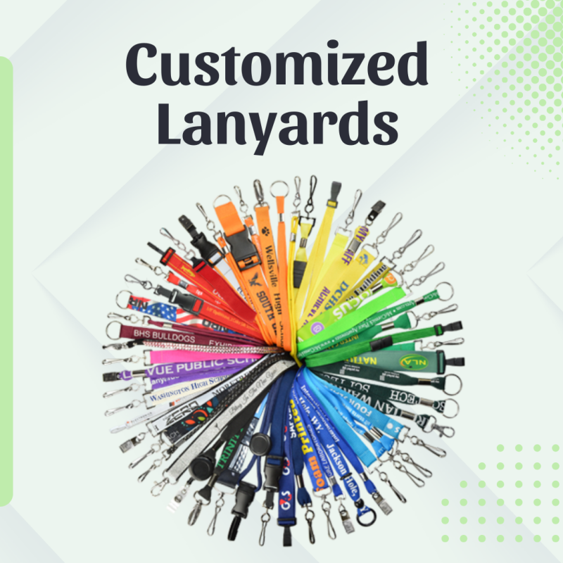 Colorful custom printed lanyards with logos and text for events, staff ID badges, promotional branding, and corporate use.