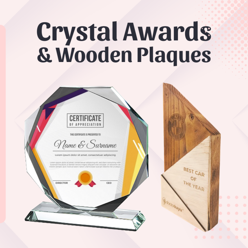 Custom crystal awards and wooden plaques for employee recognition, appreciation, and personalized gifting.
