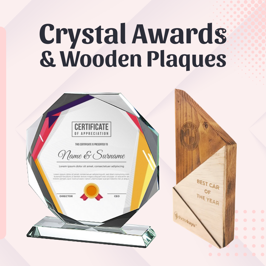Custom crystal awards and wooden plaques for employee recognition, appreciation, and personalized gifting.