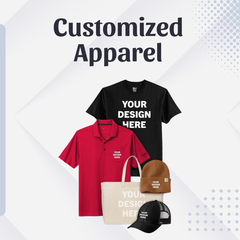 Assorted customized apparel including branded t-shirts, polo shirts, and caps for team wear, promotions, and business branding.
