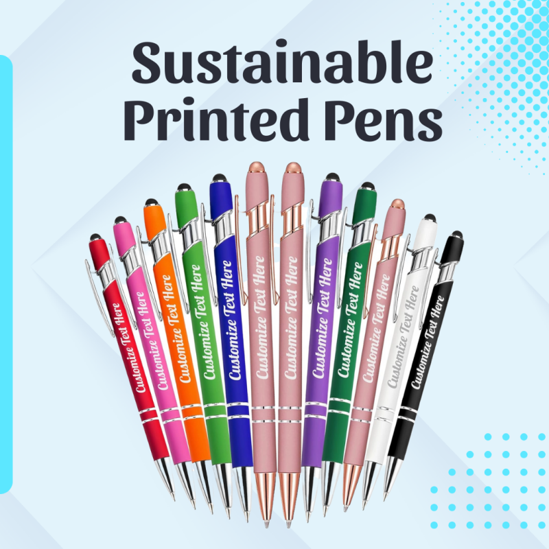 Custom sustainable pens with printed logos for eco-friendly corporate giveaways and promotional branding.