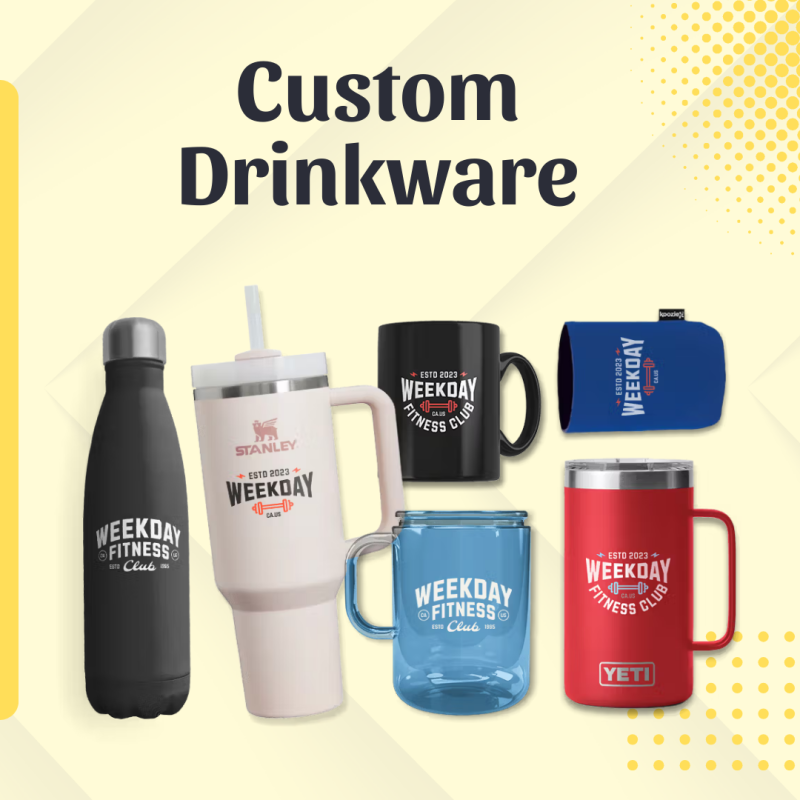Branded custom drinkware including mugs, bottles, tumblers, and cups with company logos for corporate gifts and promotional use.