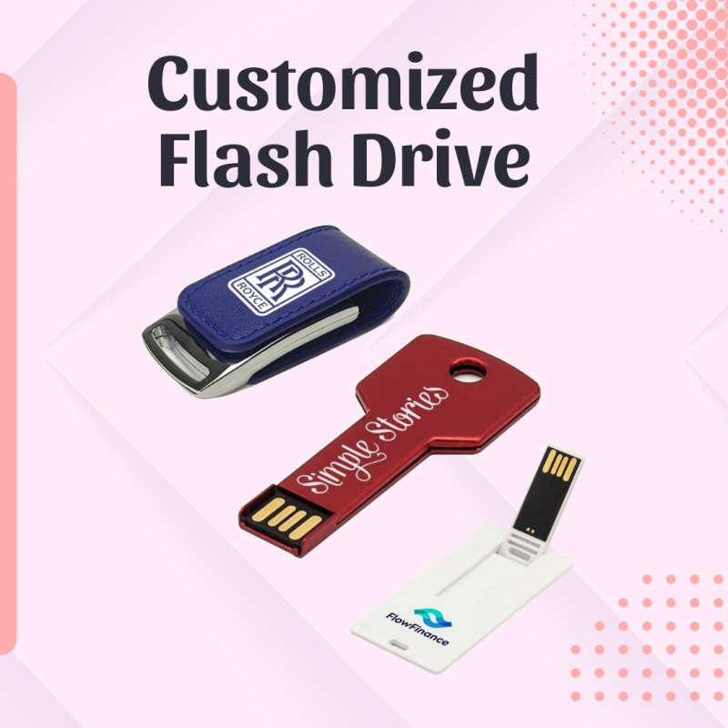 Customized USB flash drives with company logos for promotional branding.