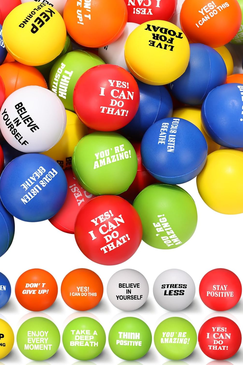 Customized anti-stress ball being squeezed at desk – available in round, square, heart shapes and multiple colors