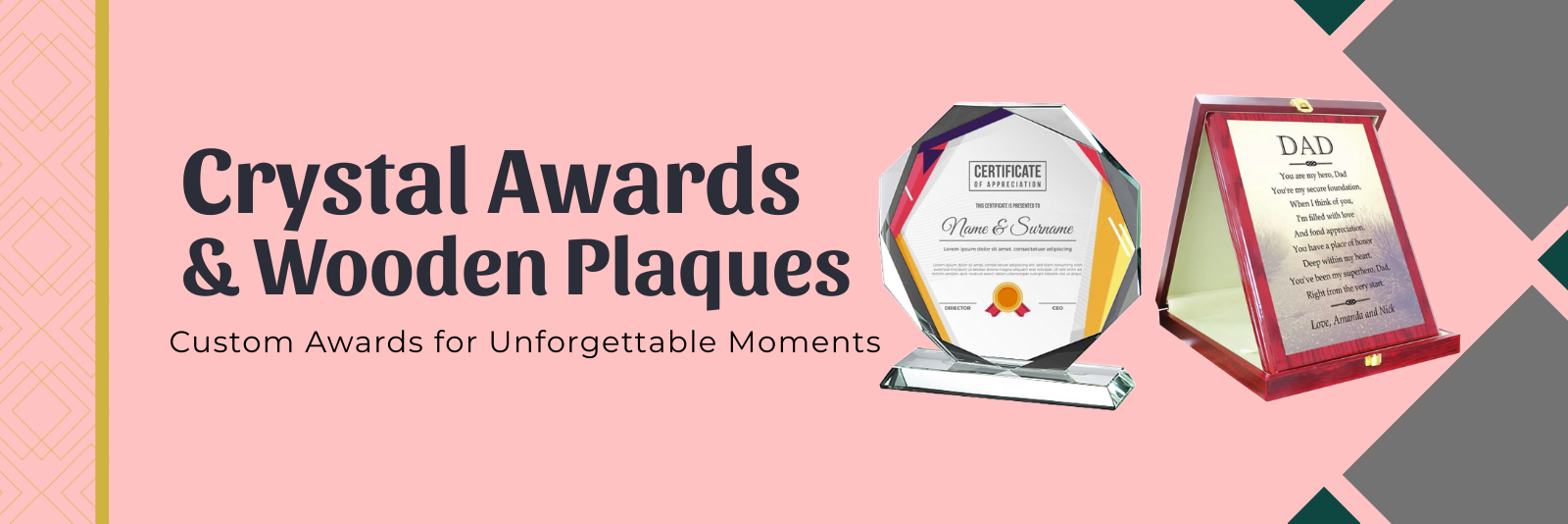 Custom crystal awards and wooden plaques for employee recognition, appreciation, and personalized gifting.