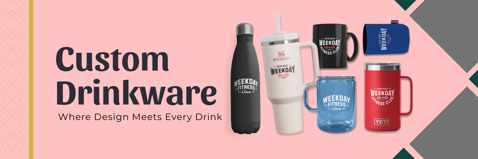 Branded custom drinkware including mugs, bottles, tumblers, and cups with company logos for corporate gifts and promotional use.