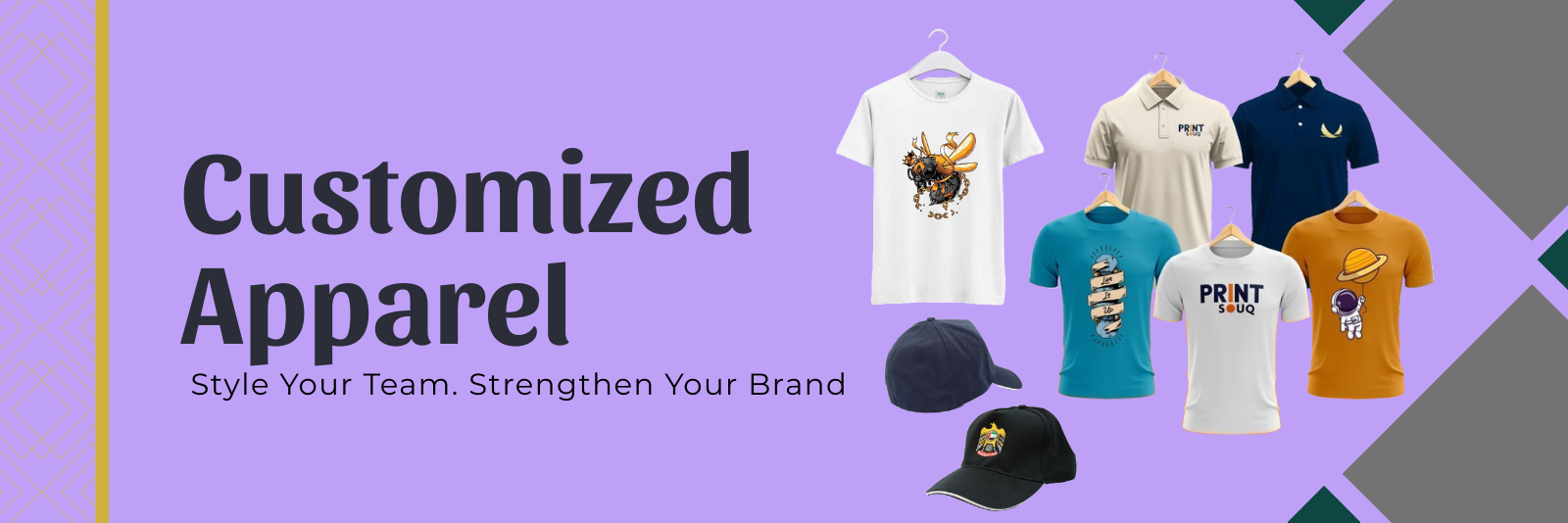 Assorted customized apparel including branded t-shirts, polo shirts, and caps for team wear, promotions, and business branding.