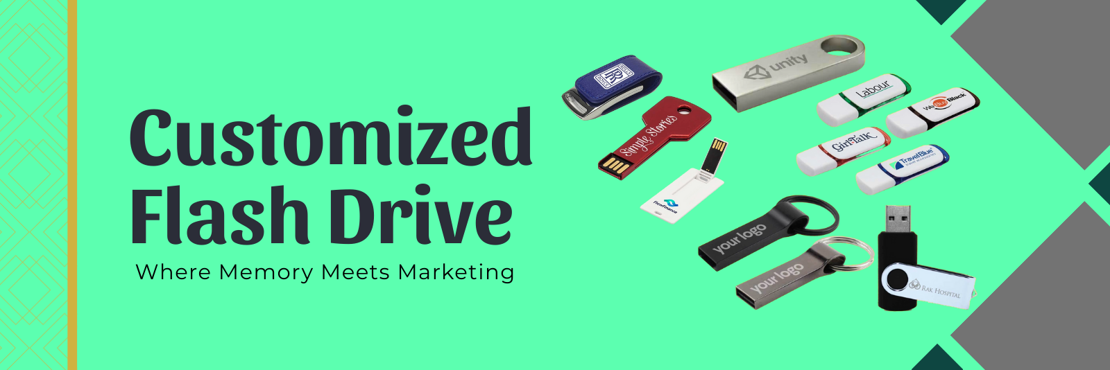 Customized USB flash drives with company logos for promotional branding.