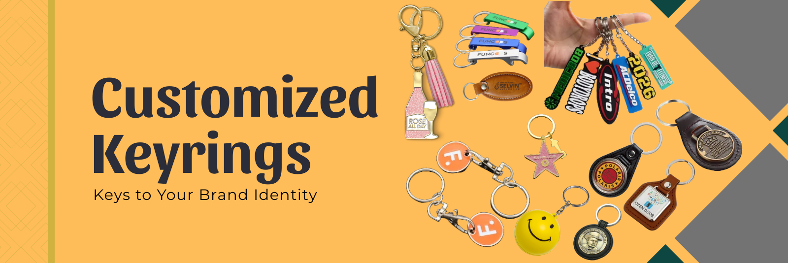 Various customized keyrings featuring logos, shapes, and designs used for branding, promotions, giveaways, and corporate gifts.