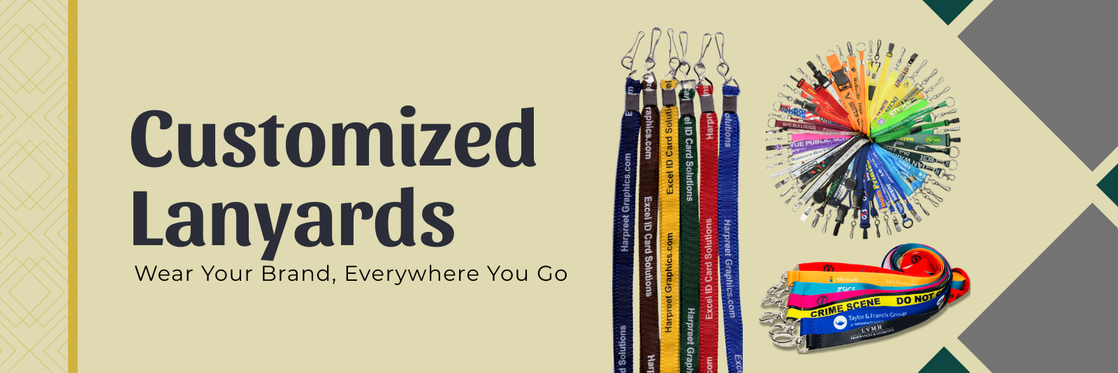 Colorful custom printed lanyards with logos and text for events, staff ID badges, promotional branding, and corporate use.