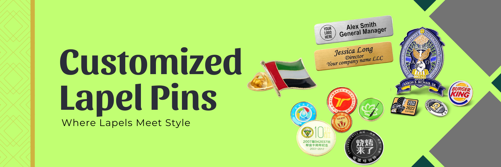 Custom lapel pins with logos, name badges, flag pins, enamel pins, and branding pins for corporate and personal use.