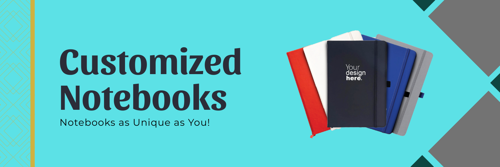 Custom branded notebooks in multiple colors with logo printing – ideal for corporate gifts, events, and promotions.