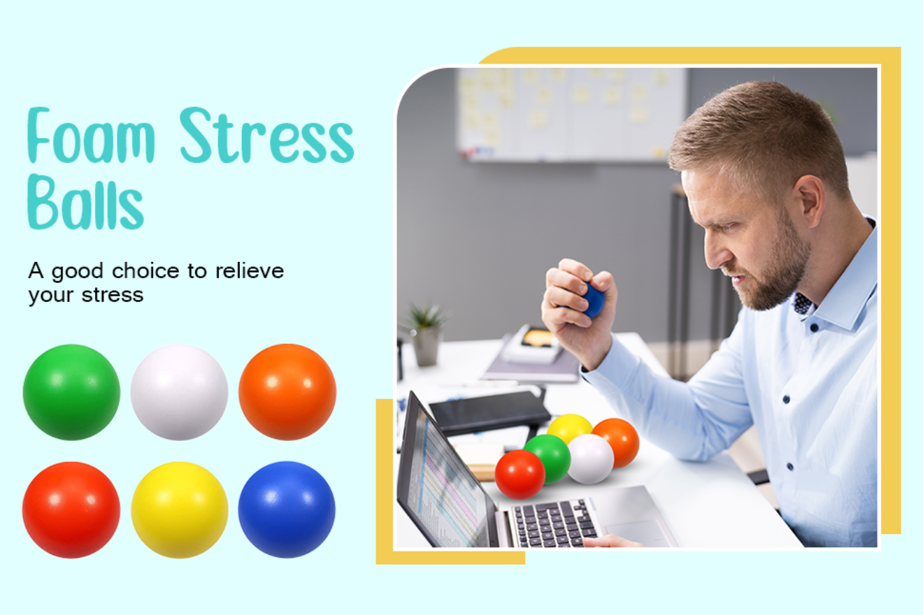Customized anti-stress ball being squeezed at desk – available in round, square, heart shapes and multiple colors