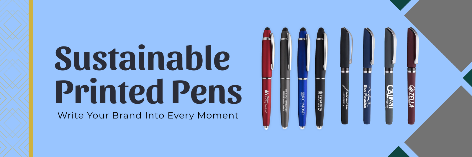 Custom sustainable pens with printed logos for eco-friendly corporate giveaways and promotional branding.
