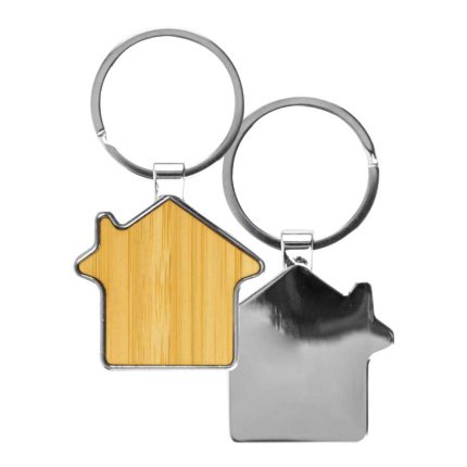 32mm House Shaped Bamboo and Metal Keychain – Eco-Friendly Gift