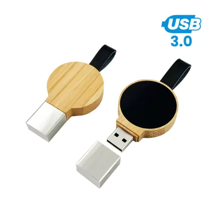 Bamboo Round USB 64GB with LED Logo and Strap – Eco-Friendly USB 3.0