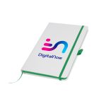 White PU leather A5 notebook with elastic band, ribbon bookmark, and pen loop