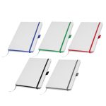White PU leather A5 notebook with elastic band, ribbon bookmark, and pen loop