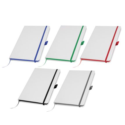 White PU leather A5 notebook with elastic band, ribbon bookmark, and pen loop