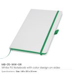 White PU leather A5 notebook with elastic band, ribbon bookmark, and pen loop